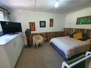 a bedroom with a bed and a flat screen tv at ROCKABILLY RANCH Self-Catering Guest Units in Pietermaritzburg