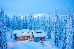 a cabin in a snowy forest with snow covered trees at Kuusirinne 2A - a log cabin near the slopes of Ruka in Ruka