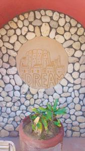 a sign that reads dream with a plant in a pot at Dream Lodge Siwa دريم لودج سيوة in Siwa