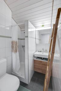 a bathroom with a toilet and a shower and a sink at Bijou du Lac - mit Pool und Privatstrand in Därligen