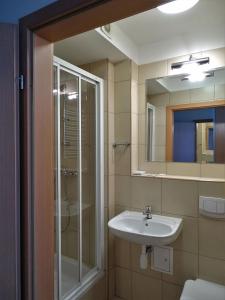 a bathroom with a sink and a shower and a mirror at Hotel Krakowiak in Krakow