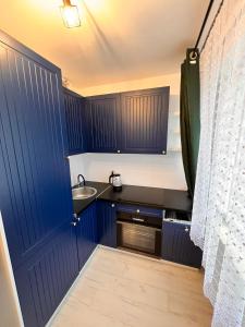 a small kitchen with blue cabinets and a sink at mieszkanie 2 pokoje, Przemyśl, parter in Przemyśl