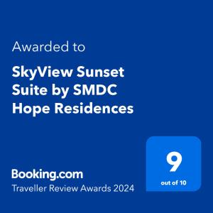 Majutusasutuses Happy Stays A - Sunset View at SMDC Hope Residences olev sertifikaat, autasu, silt või muu dokument