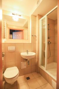 W łazience znajduje się toaleta, umywalka i prysznic. w obiekcie Hotel Krakowiak w Krakowie