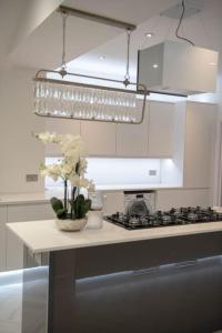 a kitchen with a counter with a vase of flowers at Luxury Kingsize Room in London in Catford