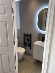 a bathroom with a toilet and a sink and a mirror at Luxury Kingsize Room in London in Catford