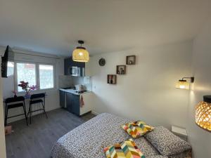 a small bedroom with a bed and a kitchen at studio 9 neuf et moderne in Tremblay En France