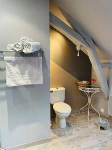 a bathroom with a toilet and a table with towels at GITE des teilles in Carlux