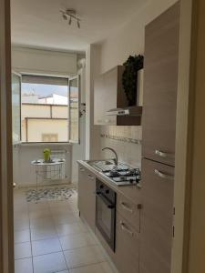Il comprend une cuisine équipée d'un évier et d'une cuisinière. four supérieur dans l'établissement G & G Appartamento nuovo, moderno e grazioso., à San Nicandro Garganico