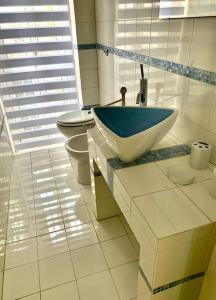 La salle de bains est pourvue d'un lavabo et de toilettes. dans l'établissement G & G Appartamento nuovo, moderno e grazioso., à San Nicandro Garganico