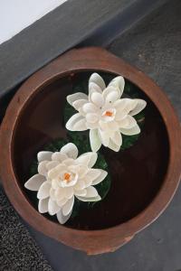 two white flowers sitting in a wooden bowl at The Camptime Forest Stay in Suntikoppa