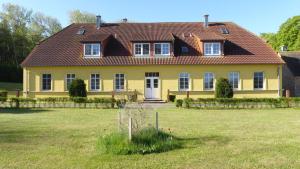 une maison jaune avec un toit rouge dans un champ dans l'établissement Gut-Rattelvitz-Galerie-D-hochwertig-Sauna-Kamin-eTankstelle-Spielscheune-15-000qm-Parkland, à Gingst