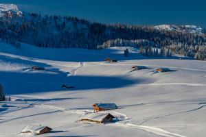einen schneebedeckten Hügel mit Häusern im Schnee in der Unterkunft Das Uhrmacherhaus in Lofer