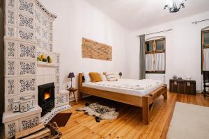 a bedroom with a bed and a fireplace at Ani GuestHouse Richis in Richişu