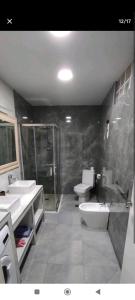 a bathroom with two sinks and a shower and two toilets at ATICO AMPLIO Y LUMINOSO in Seville