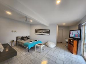 a living room with a couch and a tv at Self Contained Guesthouse for 6+ w/Pool in Gold Coast