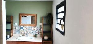 a bathroom with a sink and a mirror at Tiny house Les Cactus - Bungalow St Gilles les hauts in Saint-Paul