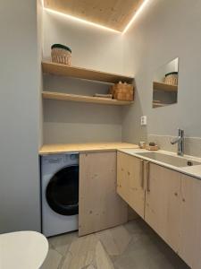 - une buanderie avec un lave-linge et un évier dans l'établissement Villa Jäkälä - An architectural wooden villa by the lake, à Rokua 61 autres photos