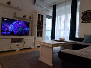 a living room with a flat screen tv and a table at IGX in Banja Luka