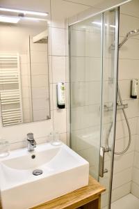 a bathroom with a sink and a shower at Logis Hôtel le Commerce in Navarrenx