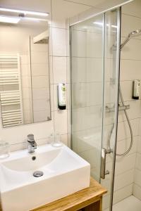 een badkamer met een wastafel en een douche bij Logis Hôtel le Commerce in Navarrenx