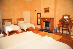 a living room with two beds and a fireplace at Wilgewandel Holiday Farm & Day Restaurant in Oudtshoorn