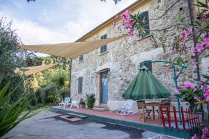 um pátio com uma mesa e um guarda-chuva verde em Vetulonia casa colonica con Pool Relax em Castiglione della Pescaia