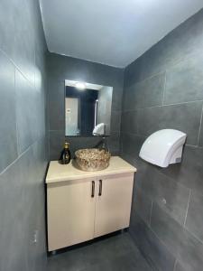 ein Bad mit einem Waschbecken und einem Spiegel in der Unterkunft Indigo Resort in Moieciu de Jos