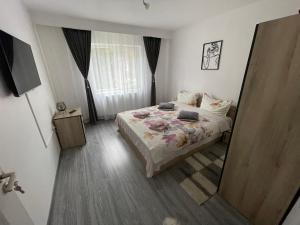 - une chambre avec un lit et un miroir dans l'établissement AKY Residence, à Slănic-Moldova