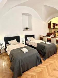 a room with two beds in a room with at Apartment Sophie - Old Town in Bratislava