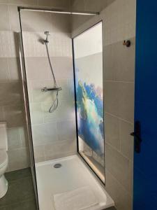 La salle de bains est pourvue d'une douche avec une porte en verre. dans l'établissement Hôtel Le Gambetta, à Vias