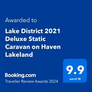 Sertifikatas, apdovanojimas, ženklas ar kitas apgyvendinimo įstaigoje Lake District 2021 Deluxe Static Caravan on Haven Lakeland matomas dokumentas