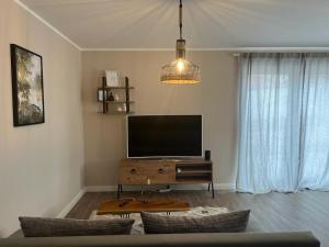 uma sala de estar com uma televisão de ecrã plano e um sofá em Ferienwohnung Am Rebberg em Sulzburg