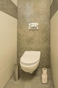 a bathroom with a white toilet in a room at Apartmenty u Šípků OSTRAVA in Vřesina