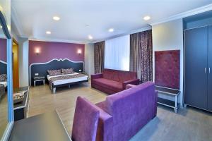 イスタンブールにあるThe Hera Premium Hotelsの紫色のソファとベッド付きのリビングルーム