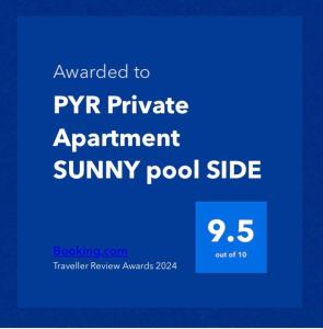 フエンヒロラにあるPYR Private Apartment SUNNY pool SIDEの私用予約要約プールサイドを暗号化した青い看板