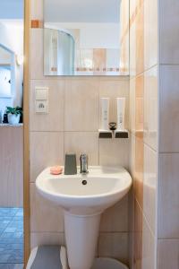 y baño con lavabo blanco y espejo. en Penzion V Koutě, en Zlechov