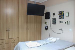 Pokój szpitalny z łóżkiem i telewizorem w obiekcie Premium Apartment In Chalkida w Chalkidzie