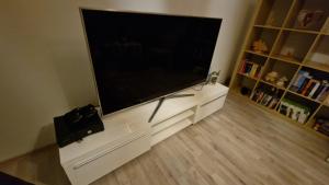 a large flat screen tv sitting on a white entertainment center at Ferienwohnung Rössewiese in Schleusingen
