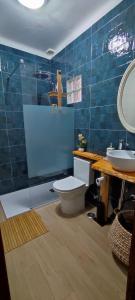 bagno con servizi igienici, lavandino e specchio di Casa da Turquinia a Palmela