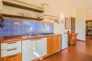 cocina con fregadero y azulejos azules en la pared en Casale Le Pitte, en Porto Azzurro
