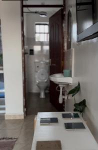 a bathroom with a toilet and a sink at Rooftop Studio Apartment - Mirema in Nairobi