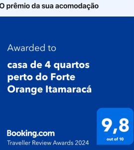 תעודה, פרס, שלט או מסמך אחר המוצג ב-casa de 4 quartos perto do Forte Orange Itamaracá