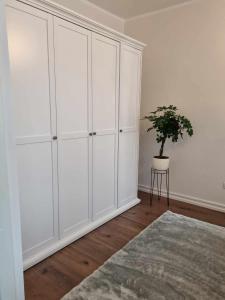 a room with white cabinets and a potted plant at Old town in Mažeikiai