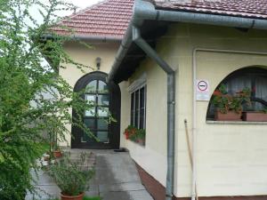 a house with a door and some potted plants at Szilvi&oacute; in Gyenesdi&aacute;s