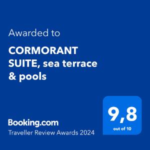 Certifikát, hodnocení, plakát nebo jiný dokument vystavený v ubytování CORMORANT SUITE, sea terrace & pools