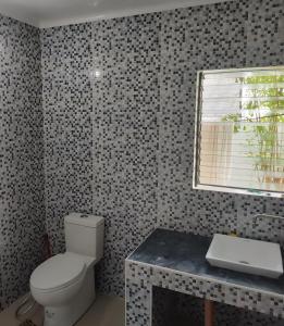 a bathroom with a toilet and a sink and a window at Callachuchi Homestay in San Juan