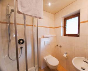 een badkamer met een douche, een toilet en een wastafel bij Gästehaus Manfred in Mittenwald