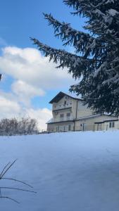 un edificio en la nieve junto a un árbol en His view en Kiseljak