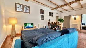 een grote slaapkamer met een blauw bed en een televisie bij SC Collection-Spacieux & Atypique au Panier in Marseille